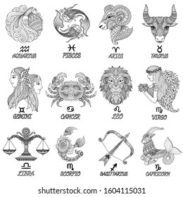 12 zodiacs sihouette, line art for engraving, tattoo, adult coloring book,t shirt design and so on. Vector illustration