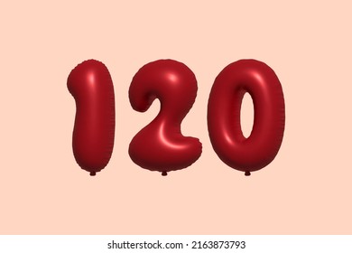120 globo 3d número hecho de renderización 3d de globo metálico realista. Globos 3D de helio rojo para la venta decoración Fiesta Cumpleaños, Celebración de Aniversario, Fiesta de la Boda. Ilustración del vector