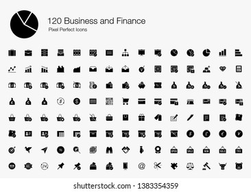 120 Business and Finance Pixel Perfect Icons (Filled Style). Vector icons set of business, office, financial, commercial, and analytic. 