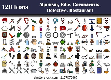 120 Icons Of Alpinism, Bike, Coronavirus, Detective, Restaurant. Editable Bold Outline With Color Fill Design. Vector Illustration.