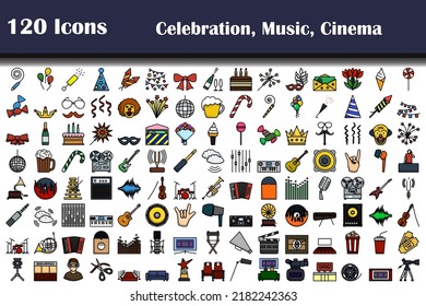 120 Icons Of Celebration, Music, Cinema. Editable Bold Outline With Color Fill Design. Vector Illustration.