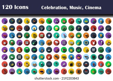 120 Icons Of Celebration, Music, Cinema. Flat Design With Long Shadow. Vector illustration.