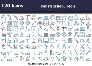 120 Icons Of Construction, Tools. Editable Bold Outline With Color Fill Design. Vector Illustration.