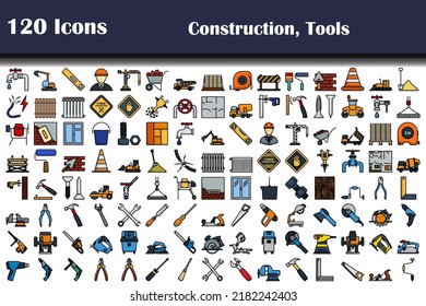 120 Iconos De Construcción, Herramientas. Contorno de negrita editable con diseño de relleno de color. Ilustración vectorial.