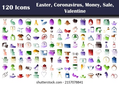 120 Icons Of Easter, Coronavirus, Money, Sale, Valentine. Flat Color Ladder Design. Vector Illustration.
