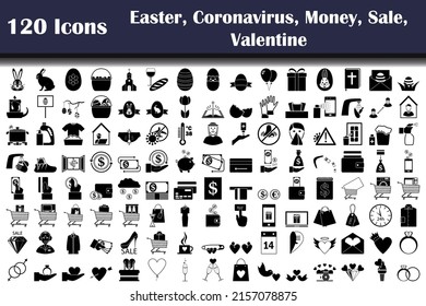 120 Icons Of Easter, Coronavirus, Money, Sale, Valentine. Fully Editable Vector Illustration. Text Expanded.