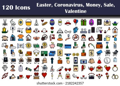 120 Icons Of Easter, Coronavirus, Money, Sale, Valentine. Editable Bold Outline With Color Fill Design. Vector Illustration.
