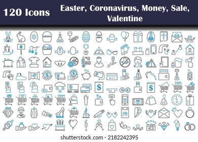 120 Icons Of Easter, Coronavirus, Money, Sale, Valentine. Editable Bold Outline With Color Fill Design. Vector Illustration.