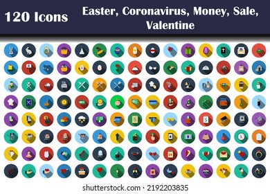 120 Icons Of Easter, Coronavirus, Money, Sale, Valentine. Flat Design With Long Shadow. Vector Illustration.