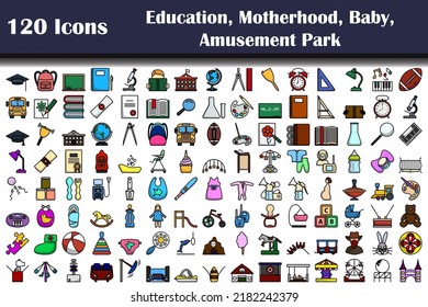120 Icons Of Education, Motherhood, Baby, Amusement Park. Editable Bold Outline With Color Fill Design. Vector Illustration.