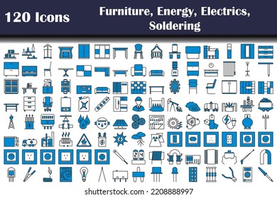 120 Icons Of Furniture, Energy, Electrics, Soldering. Editable Bold Outline With Color Fill Design. Vector Illustration.
