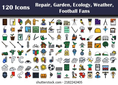 120 Icons Of Repair, Garden, Ecology, Weather, Football Fans. Editable Bold Outline With Color Fill Design. Vector Illustration.