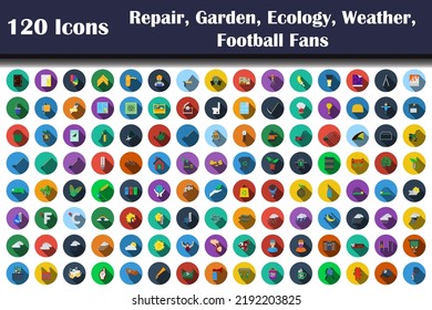 120 Icons Of Repair, Garden, Ecology, Weather, Football Fans. Flat Design With Long Shadow. Vector illustration.