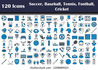 120 Icons Of Soccer, Baseball, Tennis, Football, Cricket. Editable Bold Outline With Color Fill Design. Vector Illustration.