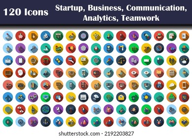 120 Icons Of Startup, Business, Communication, Analytics, Teamwork. Flat Design With Long Shadow. Vector illustration.