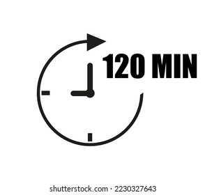 120 minutes clock vector with pointer. Black clockwise arrow with white background