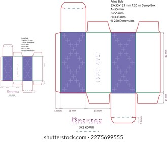 120 ml Packung mit den Abmessungen 53x53x133 mm. Für Ihre Sirup-, Köln-, Parfüm- und Wertdesigns