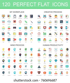 120 modern flat icon set of workplace, creative process, mind process, human productivity icons.