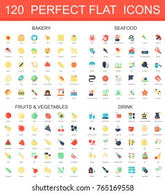 120 modern flat icon set of bakery, seafood, fruits, vegetables, drink icons.