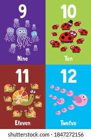 1-20 numbers, colorful flash cards with pet and wild animals for happy learning kids and education in nursery, numbers 9, 10, 11, 12.