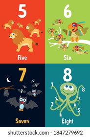 1-20 numbers, colorful flash cards with pet and wild animals for happy learning kids and education in nursery, numbers 5, 6, 7, 8.