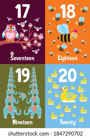 1-20 numbers, colorful flash cards with pet and wild animals for happy learning kids and education in nursery, numbers 17, 18, 19, 20.