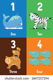 1-20 numbers, colourful flash cards with pet and wild animals for happy learning kids and education in nursery, numbers 1, 2, 3, 4.