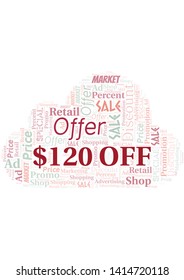 $120 Off word cloud. Wordcloud made with text only.