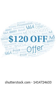 $120 Off word cloud. Wordcloud made with text only.