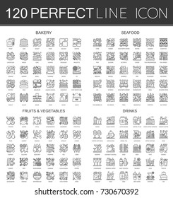 120 outline mini concept infographic symbol icons of bakery, seafood, fruits and vegetables, drinks.