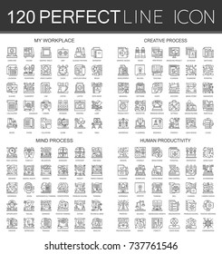 120 outline mini concept infographic symbol icons of my workplace, creative process, mind process, human productivity.
