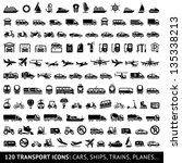 120 Transport icons: Cars, Ships, Trains, Planes, vector illustrations, set silhouettes isolated on white background.