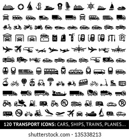 120 Transport icons: Cars, Ships, Trains, Planes, vector illustrations, set silhouettes isolated on white background.