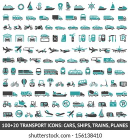 120 Transport icons: Cars, Ships, Trains, Planes, vector illustrations, set silhouettes isolated on white background.