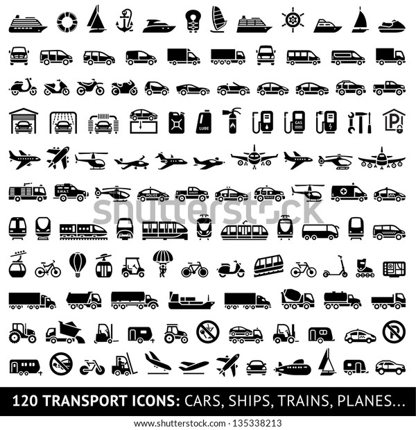 120個のトランスポートアイコン 白い背景に車 船 電車 飛行機 ベクターイラスト シルエット のベクター画像素材 ロイヤリティフリー 135338213