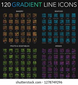 120 trendy color gradient complex thin line icons set of Bakery, Seafood, Fruits Vegetables, Drinks isolated on black background.