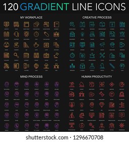 120 trendy gradient style thin line icons set of my workplace, creative process, human productivity, mental mind isolated on black background.