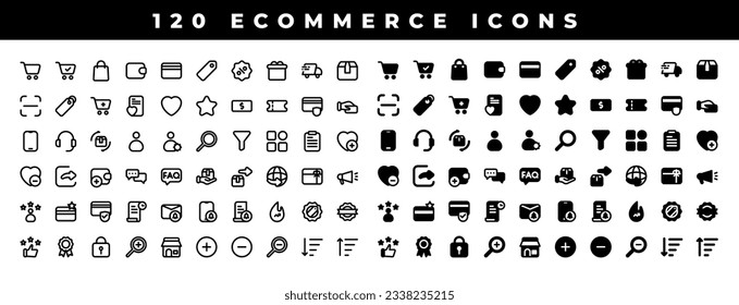 120 iconos de UI Ecommerce con estilo de línea y sólido. Marketplace de la interfaz de usuario y Tienda en línea. Ilustración vectorial