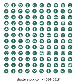 120 universal icons in flat style of business, media, religion, weather, transport, medicine. Vector.