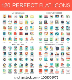 120 Vector Complex Flat Icons Concept Symbols Of My Workplace, Creative Process, Mind Process, Human Productivity. Web Infographic Icon Design.