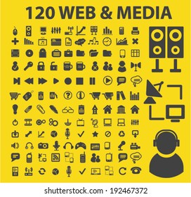 120 web media icons, signs set, vector