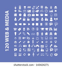 120 web, media, internet, office icons, signs set, vector