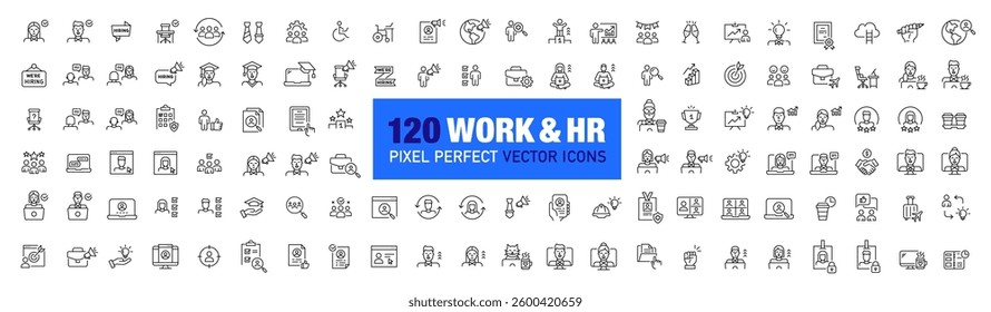 120 work and HR related icons. Office, education for success and promotion. Hiring workers, head hunting and skill development for advanced training. Pixel perfect, editable stroke vector icons set