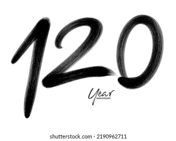 120 Years Anniversary Celebration Vector Template, 120 number logo design, 120th birthday, Black Lettering Numbers brush drawing hand drawn sketch, number logo design vector illustration