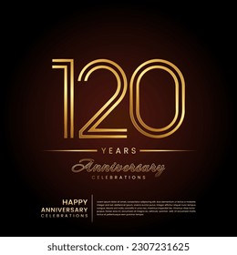 120 years anniversary, anniversary template design with double line number and golden text for birthday celebration event, invitation, banner poster, flyer, and greeting card, vector template