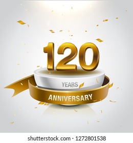 120 years golden anniversary logo celebration with confetti and ribbon - Vector