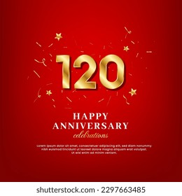 120 years of golden numbers, anniversary celebrating text, and anniversary congratulation text with golden confetti spread on a red background