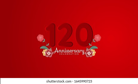 120th Anniversary celebration. Emboss number with Gradient red background and flowers decoration. Modern elegant simple background design vector EPS 10. Can be used for company or wedding.