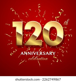 120th Anniversary Celebration. logo design with golden numbers and text for birthday celebration event, invitation, wedding, greeting card, banner, poster, flyer, brochure. Logo Vector Template