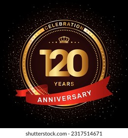 120th anniversary celebration logo design with a golden ring and red ribbon concept, vector template